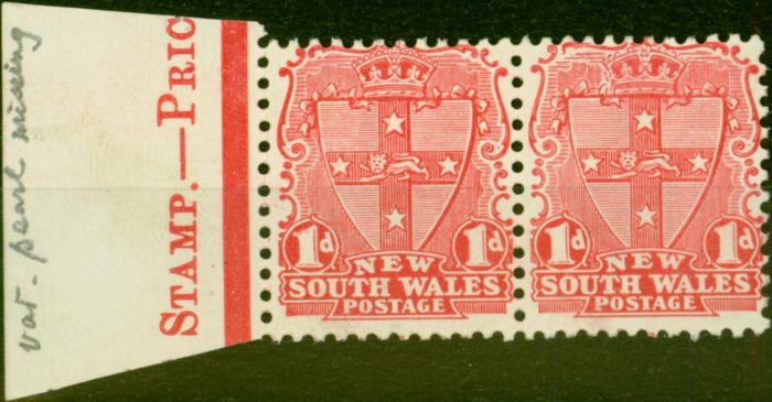 Old Postage Stamp N.S.W 1905 1d Rose-Carmine SG334Var 'Missing Pearl' V.F MNH Pair
