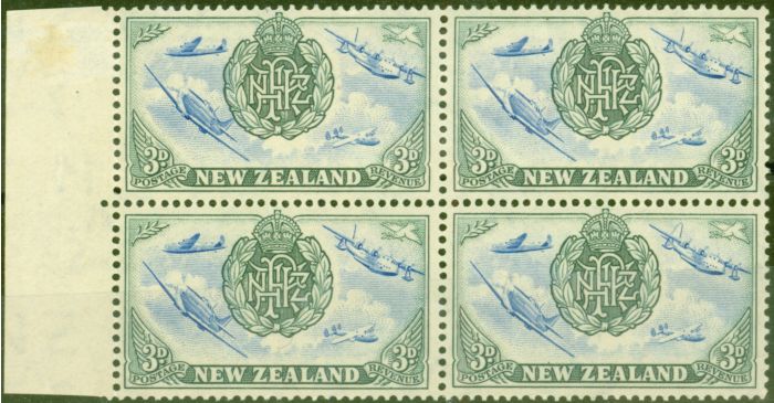 Valuable Postage Stamp from New Zealand 1946 3d Ultramarine & Gret SG617a Completed Rudder in a Fine MNH Block of 4