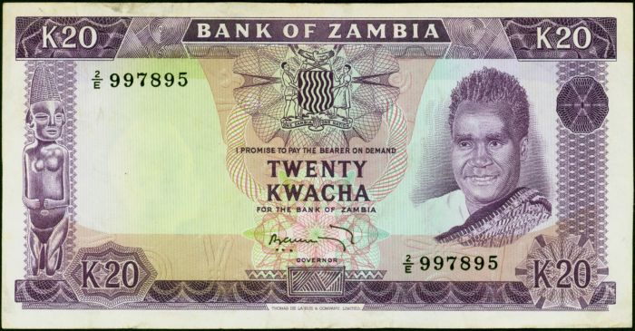 Rare Postage Stamp Zambia 1972 20 Kwacha Banknote Fine