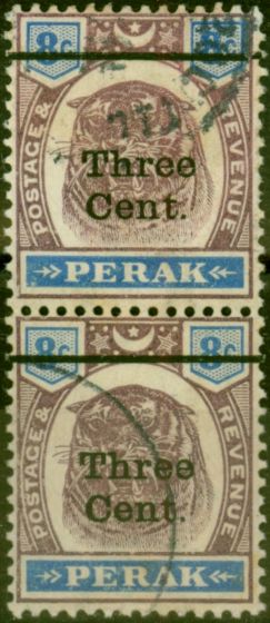 Valuable Postage Stamp from Perak 1900 3c on 8c Dull Purple & Ultramarine SG84 Good Used Pair
