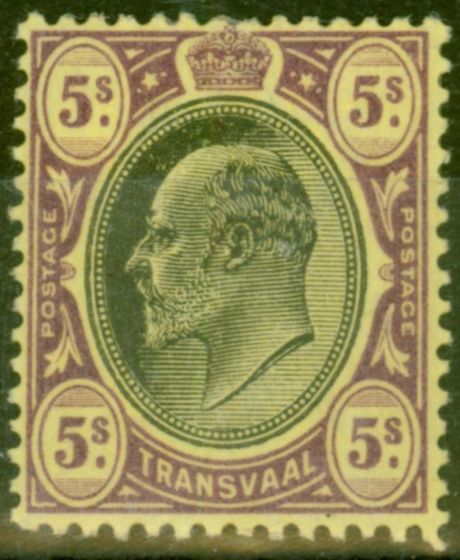 Old Postage Stamp from Transvaal 1902 5s Black & Purple-Yellow SG254 Fine Mtd Mint