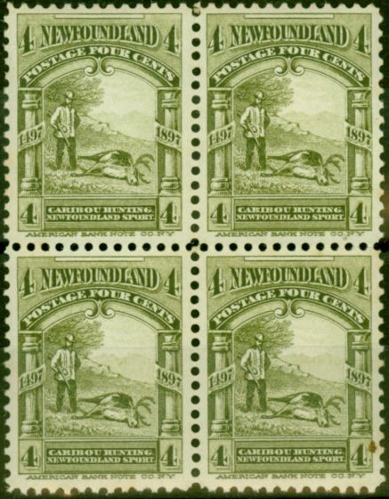 Old Postage Stamp Newfoundland 1897 4c Olive-Green SG69 Fine MNH Block of 4