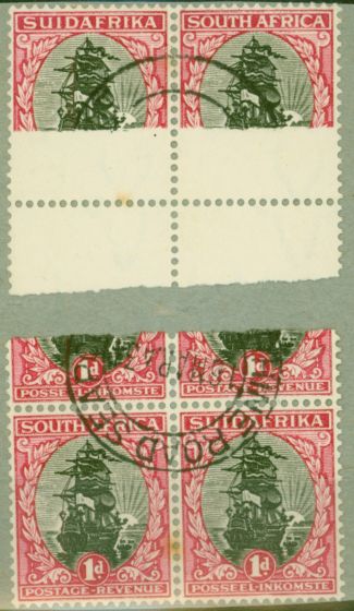 Rare Postage Stamp from South Africa 1930 1d Black & Carmine SG43var Detached Paper Joined Through top 2 stamps in Used Block of 4