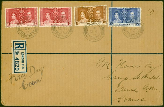 Collectible Postage Stamp from Dominica 1937 Coronation Set of 3 with Additional 1d Registered Cover to France
