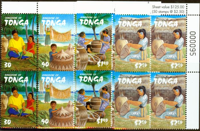 Old Postage Stamp from Tonga 2002 Weaving set of 4 SG1527-1530 V.F MNH Blocks of 4