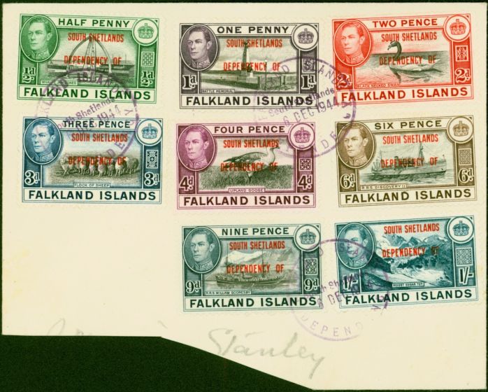 Rare Postage Stamp South Shetland 1944 Set of 8 on Large Piece SGD1-D8 Fine Used