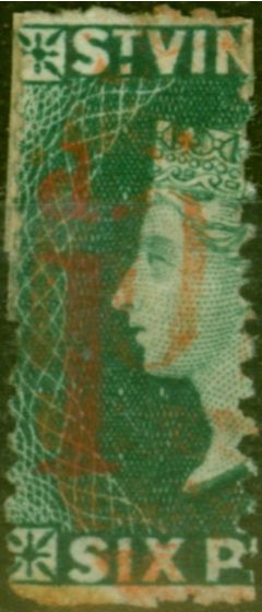 Old Postage Stamp St Vincent 1880 1d on Half 6d Deep Blue-Green SG28 Ave Used