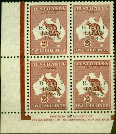 Rare Postage Stamp from Australia B.C.O.F Japan 1946 2s Maroon SGJ6 V.F MNH & LMM Imprint Block of 4