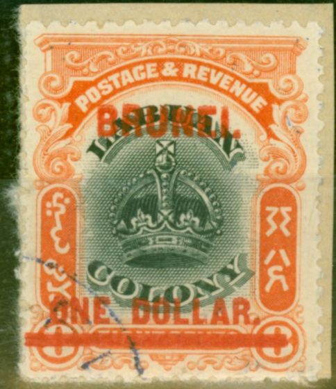 Rare Postage Stamp from Brunei 1906 $1 on 8c Black & Vermilion SG22 Fine Used on Small Piece