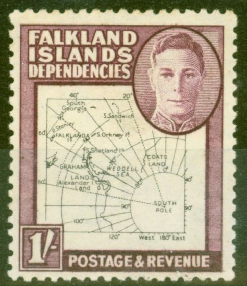 Collectible Postage Stamp from Falkland Is Dep 1948 1s Black & Purple Thin Map SGG16 Lightly Mtd Mint