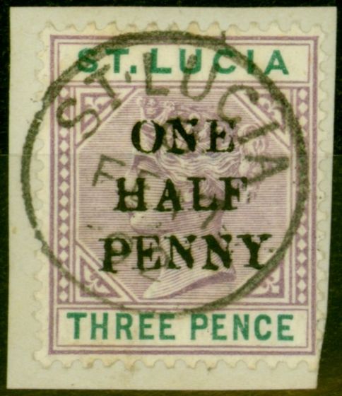 Rare Postage Stamp from St Lucia 1891 1/2d on 3d Dull Mauve & Green SG53 V.F.U on Small Piece