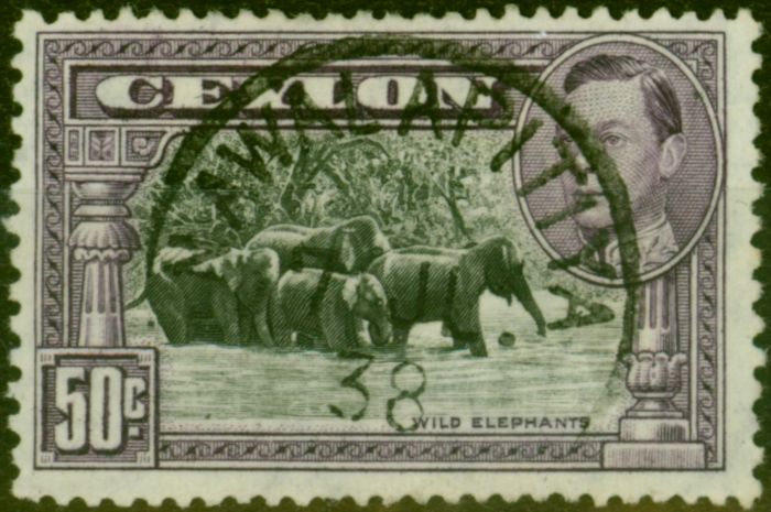 Rare Postage Stamp from Ceylon 1938 50c Black & Mauve SG394 P.13 x 11.5 Fine Used