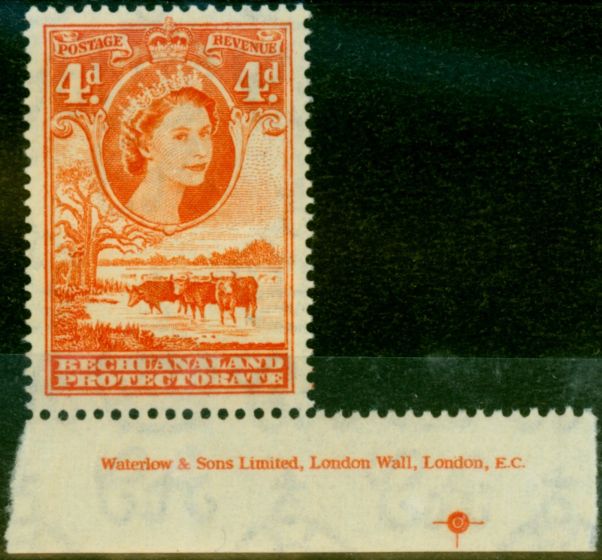 Old Postage Stamp Bechuanaland 1958 4d Red-Orange SG146b V.F MNH Imprint