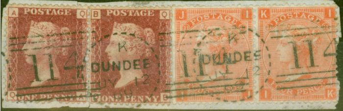 Old Postage Stamp from GB 1869 1d Rose-Red Pair SG43 Pl 112 & 4d Verm Pair SG94 Pl 11 V.F.U ``DUNDEE JY 12 69`` CDS on Piece