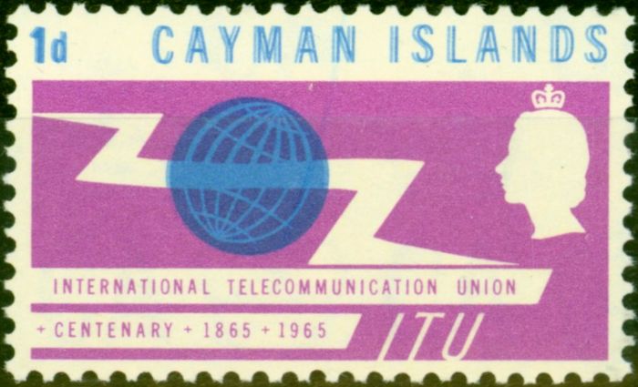 Rare Postage Stamp from Cayman Islands 1965 I.T.U 1d Blue & Light Purple SG184Var Blue Doubled V.F MNH