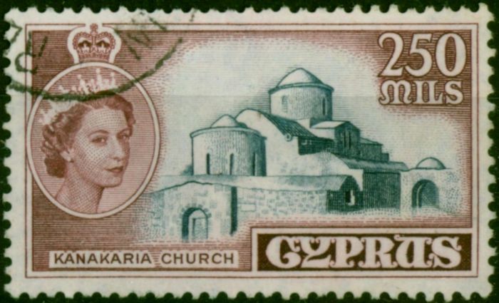 Cyprus 1955 250m Deep Grey Blue & Brown SG185 V.F.U . Queen Elizabeth II (1952-2022) Used Stamps