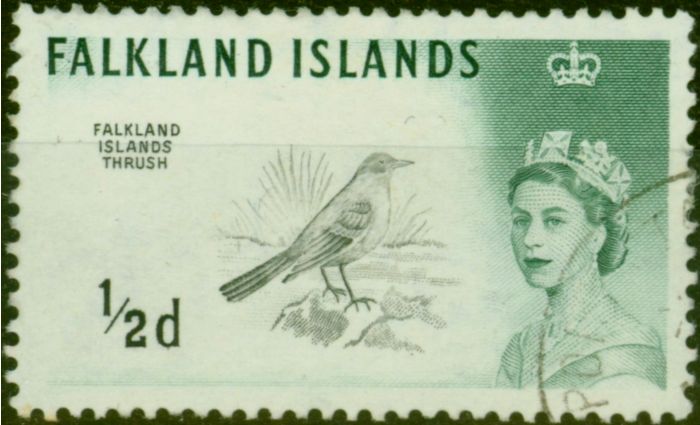 Rare Postage Stamp from Falkland Islands 1962 1/2d Black & Myrtle-Green D.L.R SG193ab Weak Entry V.F.U