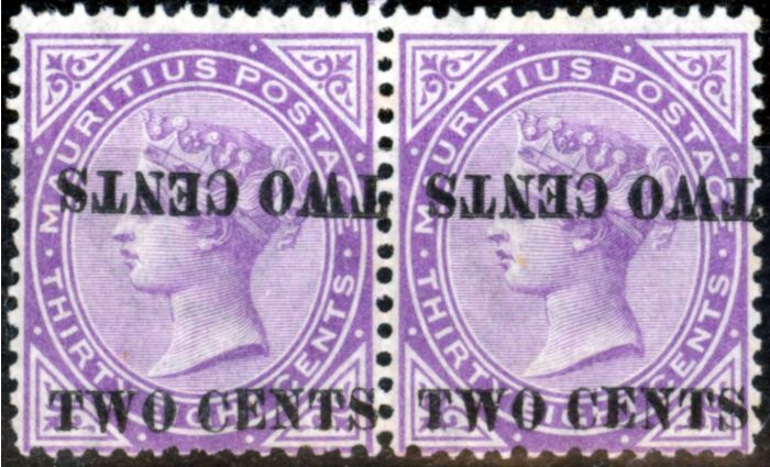 Rare Postage Stamp from Mauritius 1891 2c on 38c Brt Purple SG121c Surch Double One Inverted V.F MNH & VLMM Pair BPA Cert Scarce