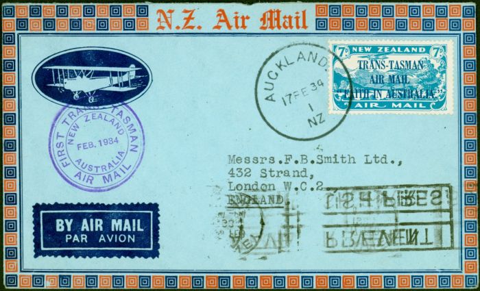 Rare Postage Stamp from New Zealand 1934 7d SG554 1st Trans Tasman Air Mail Cover to England