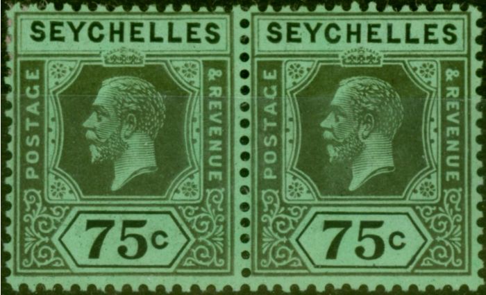 Rare Postage Stamp Seychelles 1924 75c Black-Emerald SG118 Fine LMM Pair