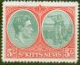 Valuable Postage Stamp from St Kitts  & Nevis 1943 5s Grey-Green & Scarlet SG77a V.F Very Lightly Mtd Mint
