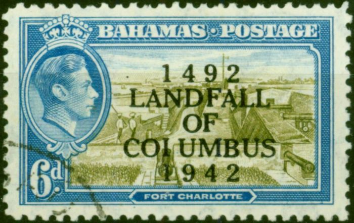 Rare Postage Stamp from Bahamas 1942 6d Olive-Green & Light Blue SG169a Columbus Error V.F.U. Scarce