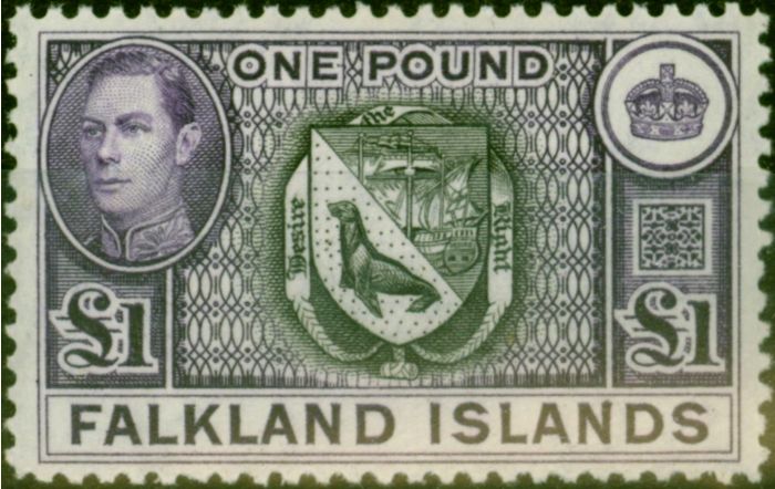 Old Postage Stamp from Falklands Islands 1938 £1 Black & Violet SG163 Very Fine MNH