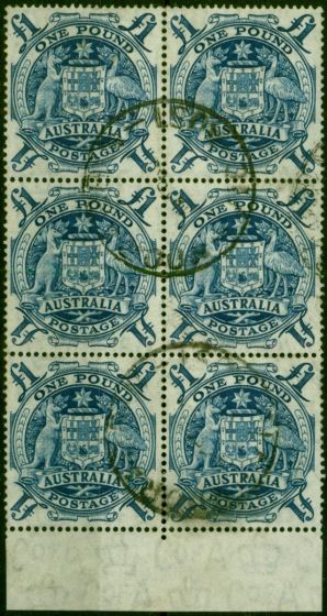 Australia 1949 £1 Blue SG224c Fine Used Block of 6 . King George VI (1936-1952) Used Stamps
