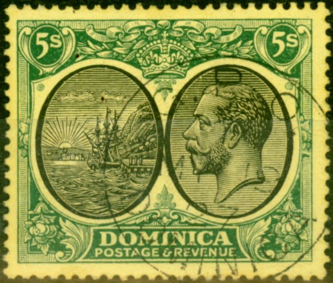Valuable Postage Stamp from Dominica 1923 5s Black & Green-Yellow SG90 V.F.U Madam Joseph Forged Cancel