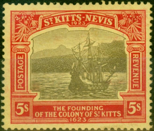 Old Postage Stamp St Kitts & Nevis 1923 5s Black & Red-Pale Yellow SG59 Fine LMM