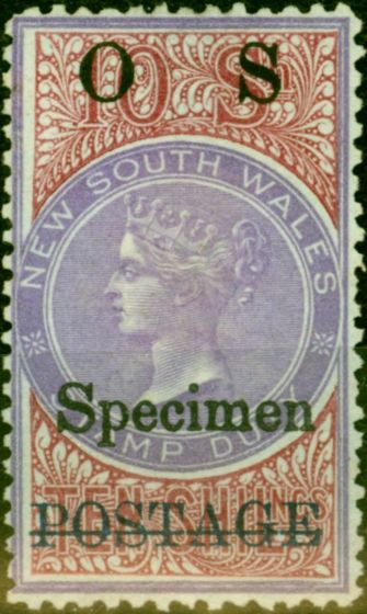 Valuable Postage Stamp from New South Wales 1889 10s Mauve & Claret SG037as Specimen P.12 Blue Opt Fine & Fresh Unused