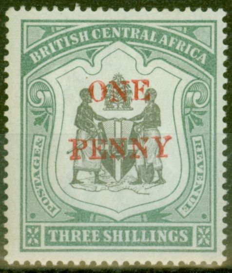 Old Postage Stamp from B.C.A Nyasaland 1897 1d on 3s Black & Sea-Green SG53 Fine Lightly Mtd Mint