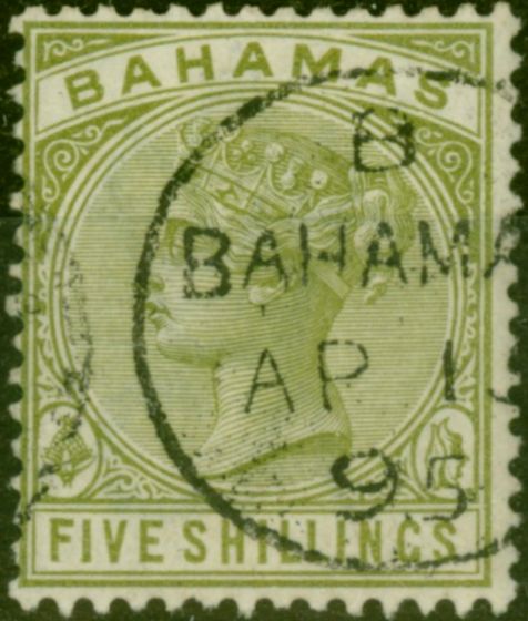 Old Postage Stamp Bahamas 1884 5s Sage-Green SG56 V.F.U CDS