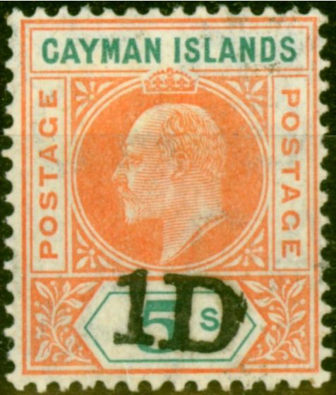 Old Postage Stamp from Cayman Islands 1907 1d on 5s Salmon & Green SG19 Fine Lightly Mtd Mint
