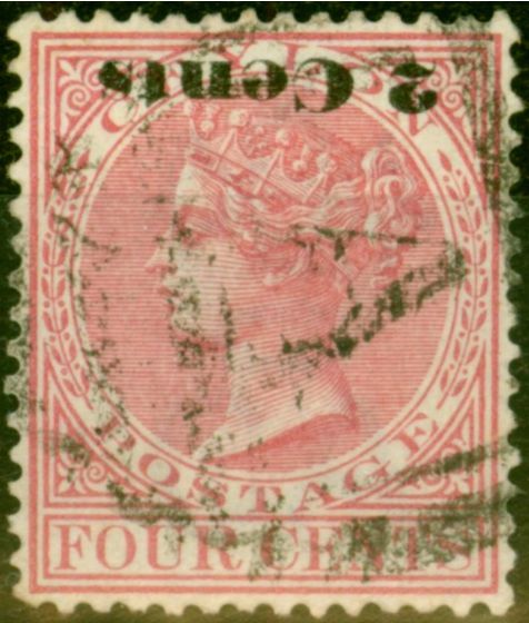 Rare Postage Stamp from Ceylon 1888 2c on 4c Rose SG211a Surch Inverted Fine Used