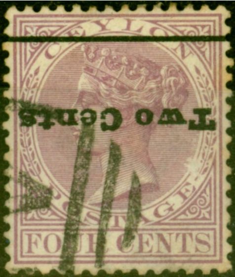 Rare Postage Stamp from Ceylon 1888 2c on 4c Rosy Mauve SG208a Surch Inverted Fine Used