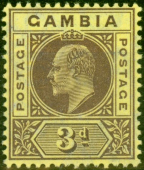 Old Postage Stamp from Gambia 1909 3d Purple-Yellow SG74 Fine & Fresh Mtd Mint