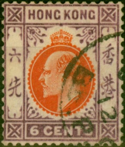 Valuable Postage Stamp Hong Kong 1907 6c Orange-Vermilion & Purple SG95 Fine Used
