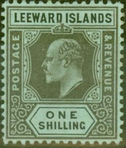Rare Postage Stamp from Leewards Is 1911 1s Black-Green SG43 Fine Mtd Mint
