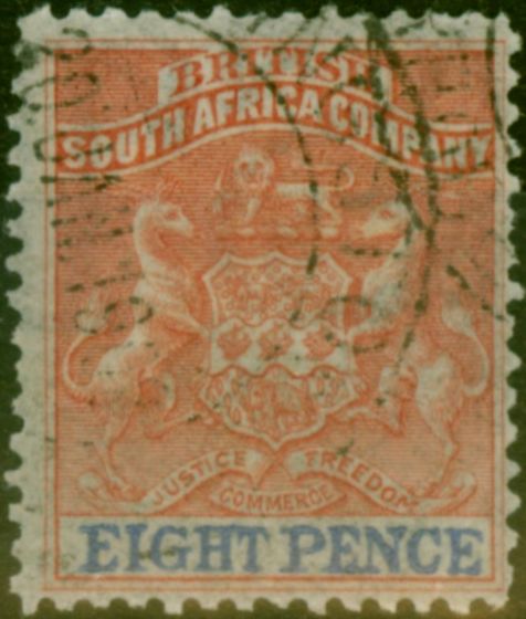 Old Postage Stamp Rhodesia 1892 8d Rose-Lake & Ultramarine SG23 Fine Used (2)