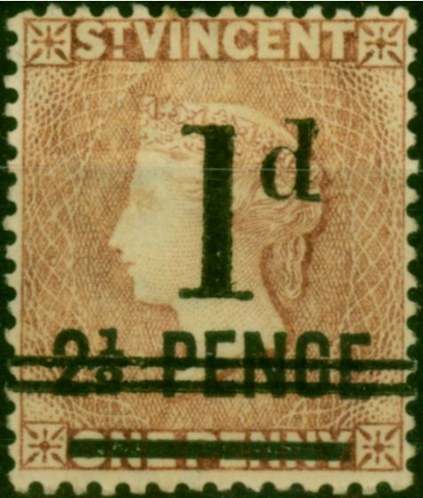 St Vincent 1885 1d on 2 1/2d on 1d Lake SG46x Wmk Reversed Good LMM . Queen Victoria (1840-1901) Mint Stamps