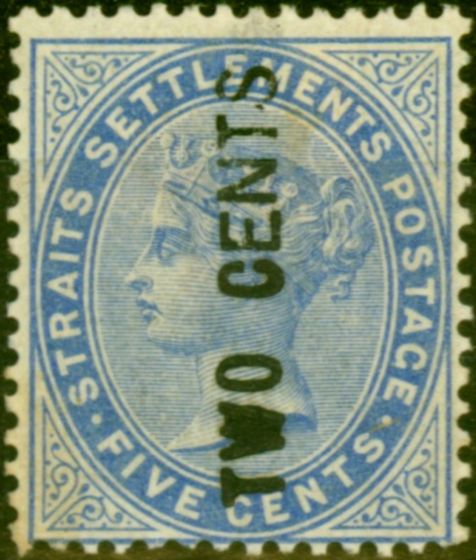 Old Postage Stamp from Straits Settlements 1884 2c on 5c Blue SG77 Type 20e Wide EN & S Fine Mtd Mint