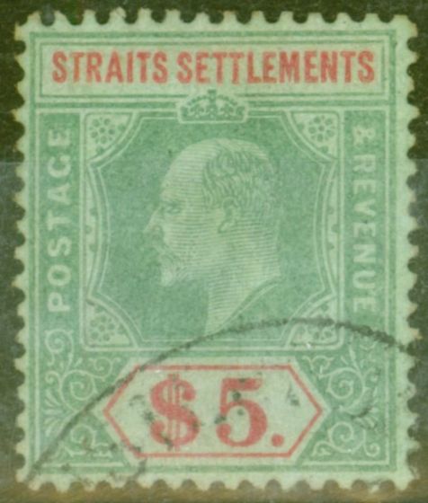 Old Postage Stamp from Straits Settlements 1909 $5 Green & Red-Green SG167 Fine Used