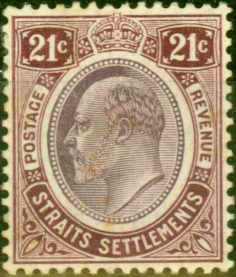 Valuable Postage Stamp from Straits Settlements 1910 21c Dull Purple & Claret SG160 Fine Lightly Mtd Mint Stamp