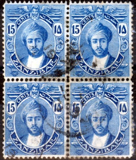 Old Postage Stamp from Zanzibar 1914 15c Dp Ultramarine SG266 Fine Used Block of 4