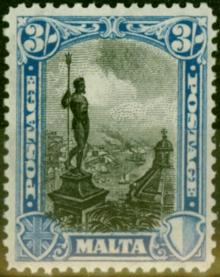 Old Postage Stamp from Malta 1926 3s Black & Blue SG170 Fine Lightly Mounted Mint