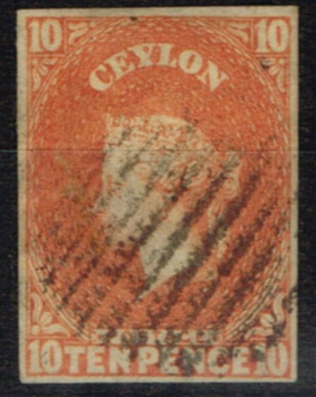 Rare Postage Stamp from Ceylon 1857 10d Dull Vermilion SG9 V.F.U