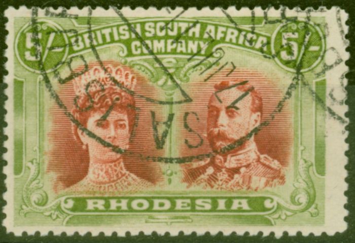 Rare Postage Stamp from Rhodesia 1910 5s Crimson & Yellow-Green SG160a Very Fine Used