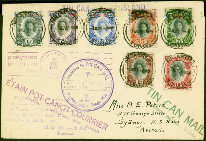 Tonga 1936 Tin Can Mail Cover to Sydney Bearing 1 1/2d to 1s SG56-63 Attractive. King George V (1910-1936) Used Stamps