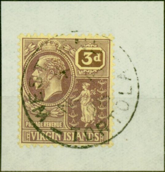 Valuable Postage Stamp Virgin Islands 1928 3d Purple-Pale Yellow SG96 Superb Used on Piece